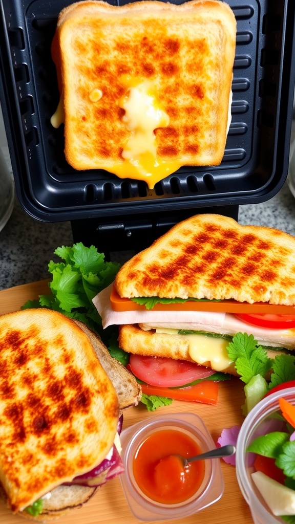 Grilled sandwiches made with cheese and vegetables, served on a wooden platter with salad.